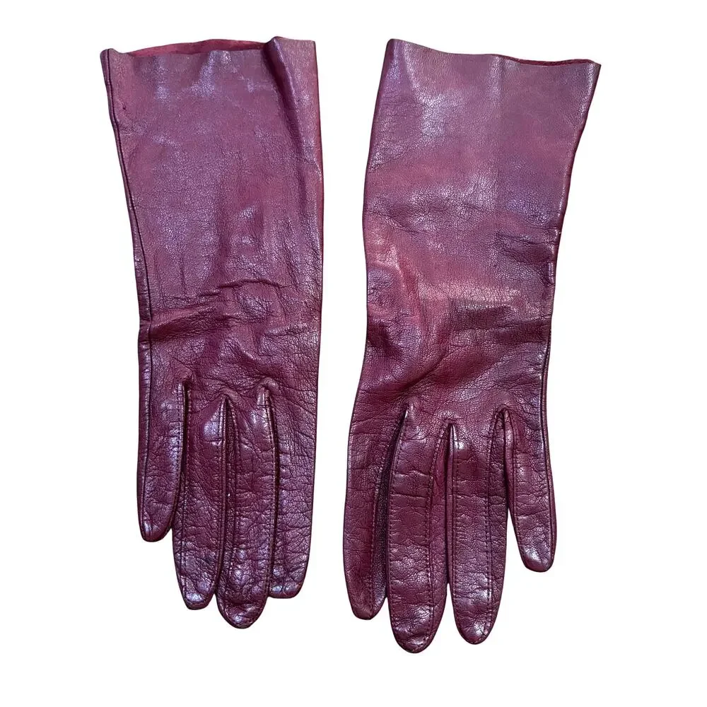 Vintage deep red leather ladies formal gloves size 6-1/2 classic mid century